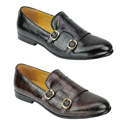 Mens Real Leather Slip On Double Strap Monk Loafer Smart Snakeskin Print Shoes • £69.99