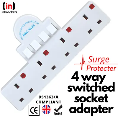 4 Way Gang Surge Extension Wall Socket Adaptor UK Plug Convert 13A Neon Switched • £10.99