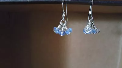 Vintage Earrings Dangle Drop Silver Metal Blue Clear Crystal Cluster Wire Wrap • $9.99