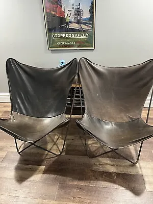 VINTAGE MCM Butterfly Sling Chair Frame Wrought Iron Genuine Leather Lot Of 2 • $1800