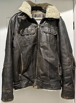 Wilsons Leather Jacket Mens  XL Brown Sherpa Lined Aviator Cowboy Hoodie • $114.95