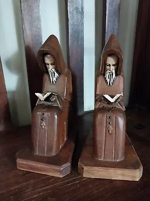 Pair Of Vintage Hand Carved Wooden Monk Priest Reading Bible Book  Rosary • $19.99