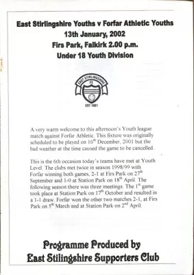 A24 East Stirlingshire V Forfar Athletic 13/01/02 Under 18 Youth Division • £1.75