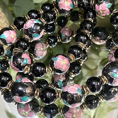Vintage Cloisonné Beaded Necklace Chinese Floral Enamel Black Pink Gorgeous • $49