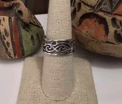 VTG 925 Sterling Silver 9mm Viking-Style Inlay Scrolled Band Ring Sz 8 EUC 7.5g • $22