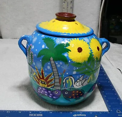 Mexican Talavera Pottery Bean Pot With Handles & Lid 9  Tall • $44.99