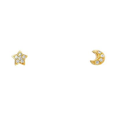 Ioka - 14K Yellow Gold Round Cut CZ Moon And Star Screw Back Stud Earrings • $59