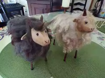 Primitive Folk Art Sheep Goat Figurines - Large 9  X 9  Wool Hair & Wooden Legs • $22
