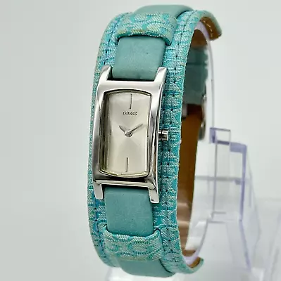 Women's GUESS Silver Tone Light Blue Leather Bund Strap Cuff Watch 17mm G55961L • $19.99