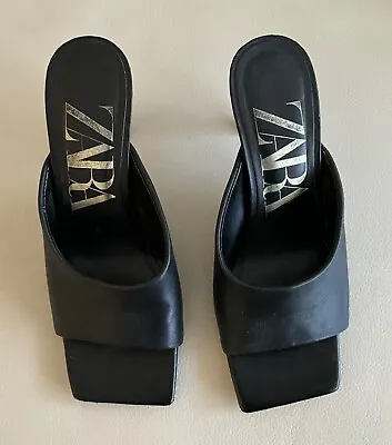 Zara Ladies Shoes Black Heel Mules Size 37 Slip On Peep Toe  • $5.87