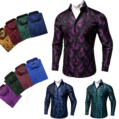 Floral Mens Silk Shirt UK Size Long Sleeve Casual Shirts Blue Red Fit Mens Tops • £19.99