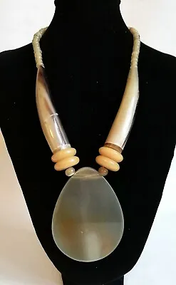 Boho Large Chunky Real Horn & Brass Bead Oval Disc Central Pendant Necklace 20  • £15