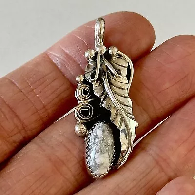 Long Navajo White Buffalo Pendant Sterling 925 Leaf Feather VTG Turquoise Signed • £53.02