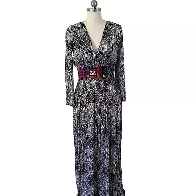 Volcom Stone Row Maxi Dress Kaftan Womens Small Black Embroidered Waist Boho • $26.97