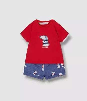 $63 Mayoral Baby Boy's Red Blue Puppy Dog T-Shirt Pants 2-Peice Set Size 2-4M • $20.38