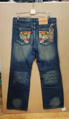 Ed Hardy Christian Audigier Lot 2008 W36 L32 Mens Blue Straight Jeans Tiger Rose • $99.95