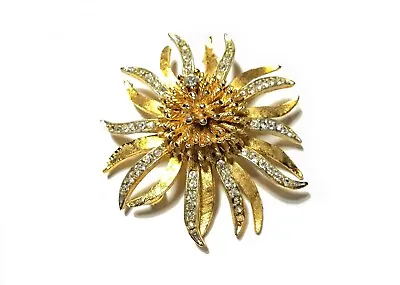 Vintage Signed B.S.K. Gold Plated Rhinestone Flower Brooch • $18.95