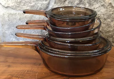 8 Pcs Vintage Corning Vision Ware Amber Pots Pans Lids Deep Chicken Fryer Nice! • $159.99