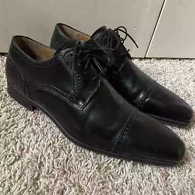 Magnanni Cap Toe Black Leather Brogue Oxford Dress Shoes Lace Up Men's Size 9 • $125