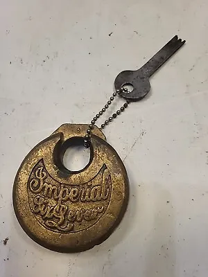 Antique IMPERIAL Brass 6 Lever Push Key Pancake Padlock  With Working Key ! • $80