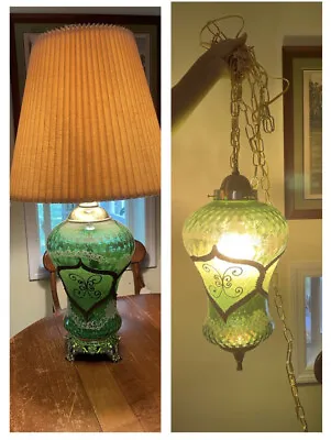 Vintage PAIR Mid Century Modern Hollywood Regency Green Glass Swag & Table Lamp • $245