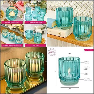 Kate Aspen Vintage Ribbed Blue Glass Tealight & Votive Candle Holders Set Of 6 • $21.89