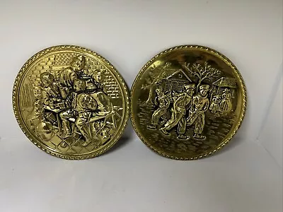 Set Of 2 Vintage Embossed Round Brass Wall Plates 8 1/4”MCM • $28