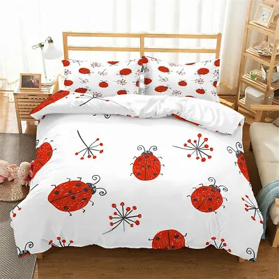 Single/Double/Queen/King Size Bed Doona/Duvet/Quilt Cover Set Linen Red LadyBug • £15.49