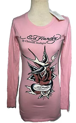 Ed Hardy Lovebirds Rhinestone Size XS Pink Tunic Long Sleeve T-shirt Top Trend • $102.55