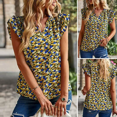 ZANZEA Women Bohemian Floral Print Tops T Shirt Ruffles V Neck Holiday Blouse • $22.41