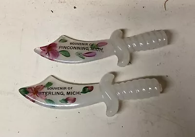 2 Vintage Souvenir White Glass Pirate Knife Pinconning & Sterling Michigan Roses • $19.99