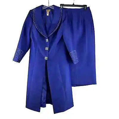 Midnight Velvet Suit Size 6 Blue Studded Long Jacket Midi Skirt Church Evening  • $69.99