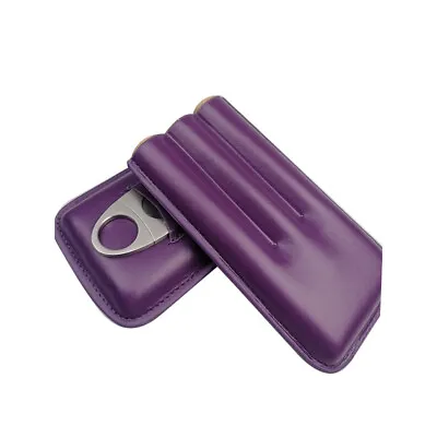 Durable Leather Cigar Case Holder 3 Tube Travel Purple Humidor Cutter Portable • $24.91
