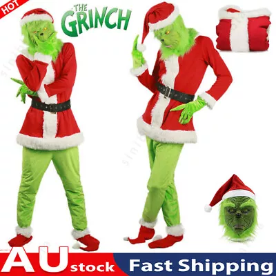 Grinch Costume Cosplay Green Monster Costume Xmas Santa Full Set Outfit Mens • $29.99