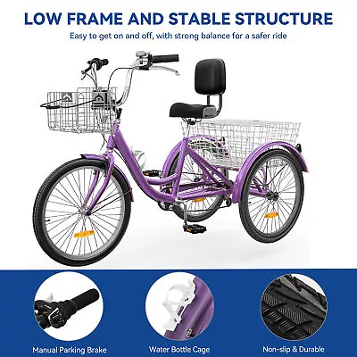 7-Speed Adult Tricycle 24  Trike Tricycle 3-Wheel Bike W/Removable Basket Purple • $232.89