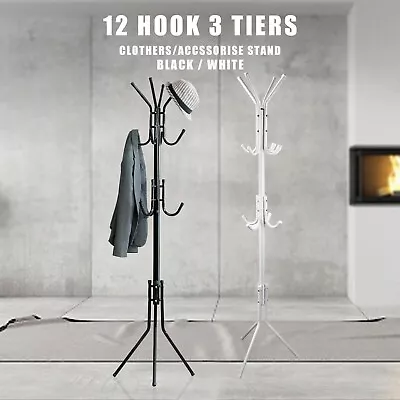 12 Hook 3 Tier Hat Coat Clothes Rack Umbrella Stand Tree Style Steel Hanger • $23.49