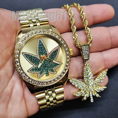 Men Iced Gold Pt Metal Watch & Hip Hop Jewelry Marijuana Leaf Necklace Set  • $24.99