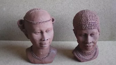 Pair Of J. Opiyo Terra Cotta Masai Busts Figurines Heads Circa 1980s/90s Signed • £243.28