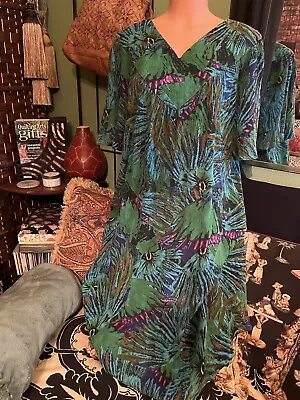 SANTE’ Classic Dress OS Muumuu Cotton Pockets Peacock Colors V Neck Comfortable • $15.99
