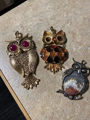 Vintage Lot Owl Pendants Articulated Collectible Stone Runway Statement Bold • $9