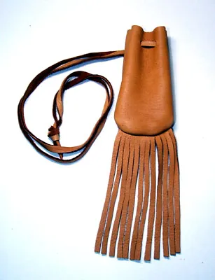 Medicine Bag W/ Fringe  Leather 2.5 X3.5  + Fringe 32  L Drawstring Acorn BROWN • $13.95