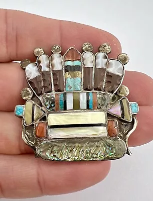 Vintage Zuni Kachina Face Sterling Silver Carved Multi Gemstone Inlay Pin Brooch • $225