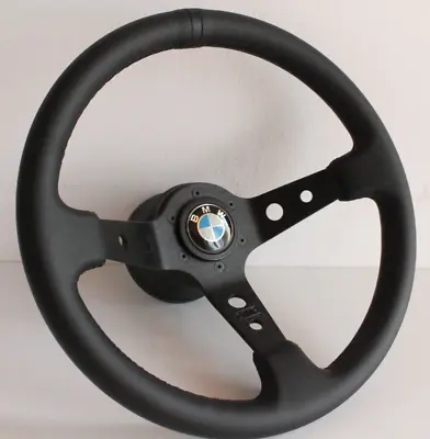Steering Wheel Fits For BMW Sport Deep Dish Black Leather  E28 E30 E32 E34 86-92 • $192.95