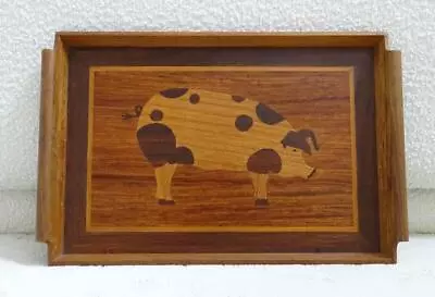 Vintage Inlaid Marquetry Wood Serving Tray Spotted Pig Motif 19 ½” X 12 ½” • $75