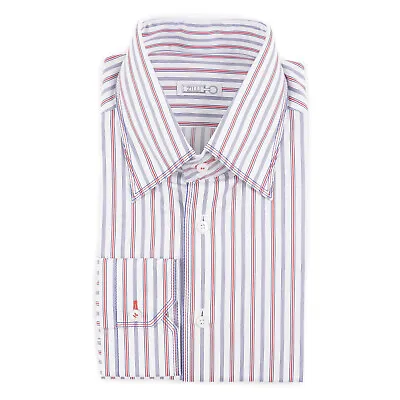 Zilli White-Blue-Red Striped Cotton Dress Shirt With Triple Stitch 17.75 (Eu 45) • $329