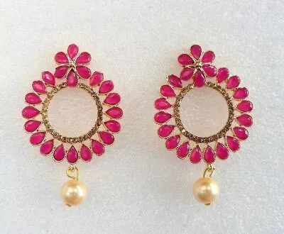Ethnic Indian Gold Dark Pink Polki Dangle Wedding Jewelry Earrings • $17.71