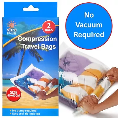 COMPRESSION BAGS 2Pc 60x40cm No Pump/Vacuum Roll-Up Flat Packing Travel Storage • £7.48