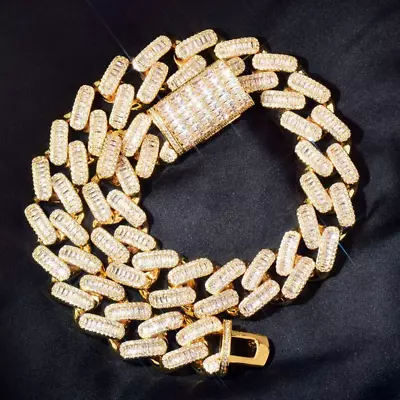 18MM Men Miami Chain Baguette Cuban Necklace Iced Out Cubic Zirconia Gold Silver • $44.02