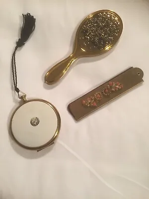 Vintage Handheld Vanity Mirror  Compact With Puff & Folding Comb • $19.99