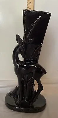 Royal Haeger R707 15” Standing Gazelle Antelope Tall Vase Black  Glaze USA • $19.99